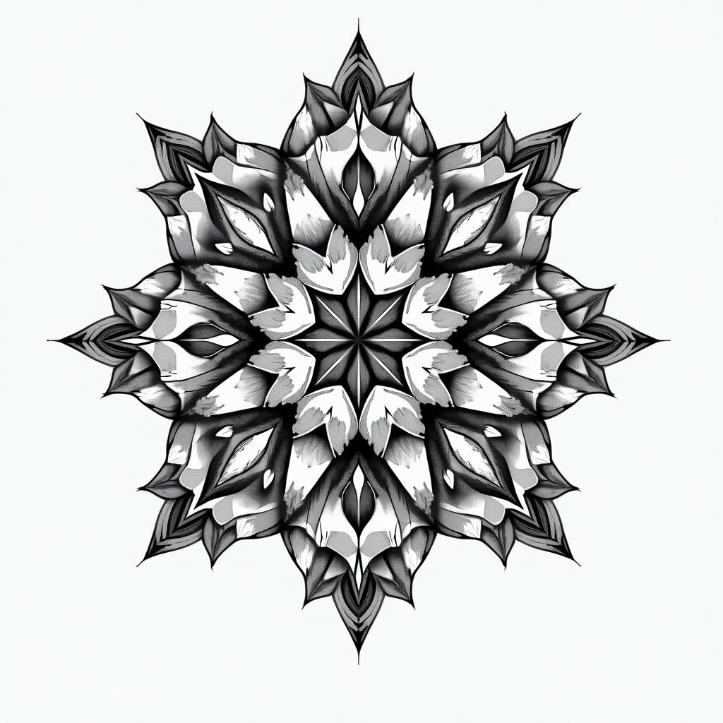 Kish, Zodiac Leo, artist  in geometric style tattoo, blending hexagons, mandala-inspired patterns, symmetrical and fractal design, clean lines, sharp angles