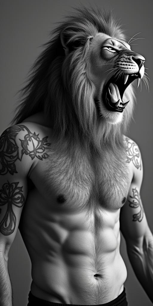 Roaring lion with a flowing manein bohemian style tattoo, 8k - Variation 8