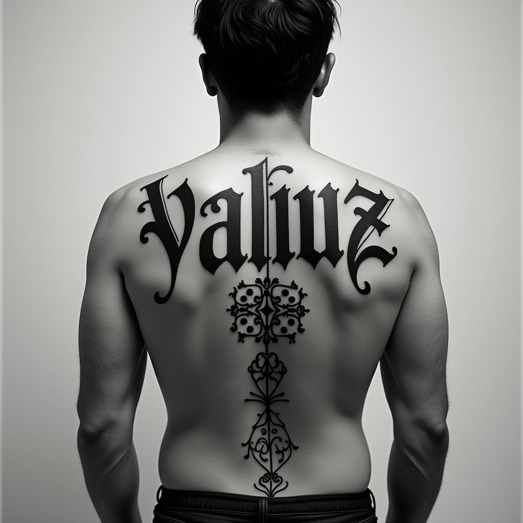 VALDUZtext-based tattoo, gothic font ultra-realistic, perfectly placed, high-quality font design, photo-realistic shading, 8k, high quality, finely detailed typography - Variation 2