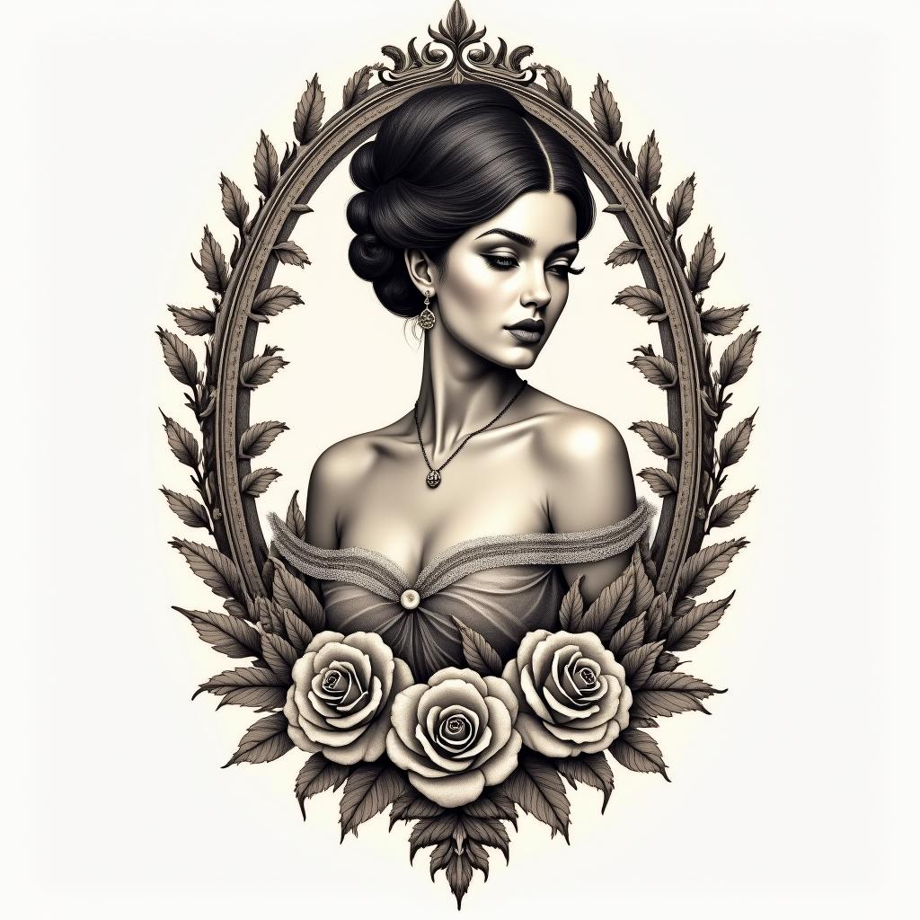 Armband for womenin victorian style tattoo, featuring vintage and elegant elements, ornate frames, roses, antique, sepia-toned color scheme - Variation 8