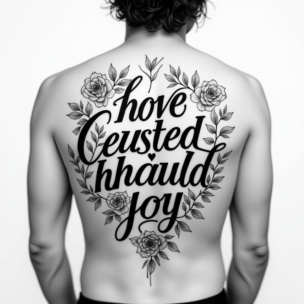 Tribal half bodyin elegant cursive calligraphy style 2d tattoo, decorate with roses, featuring a smooth and flowing handwritten script with slightly thickened strokes for a luxurious and bold appearance,  heart symbol between names,  sleek and glossy black text with shadowing, minimalist matte white background, clean and sharp edges, illuminated with soft lighting, romantic, 8k, high-quality textures with refined typography