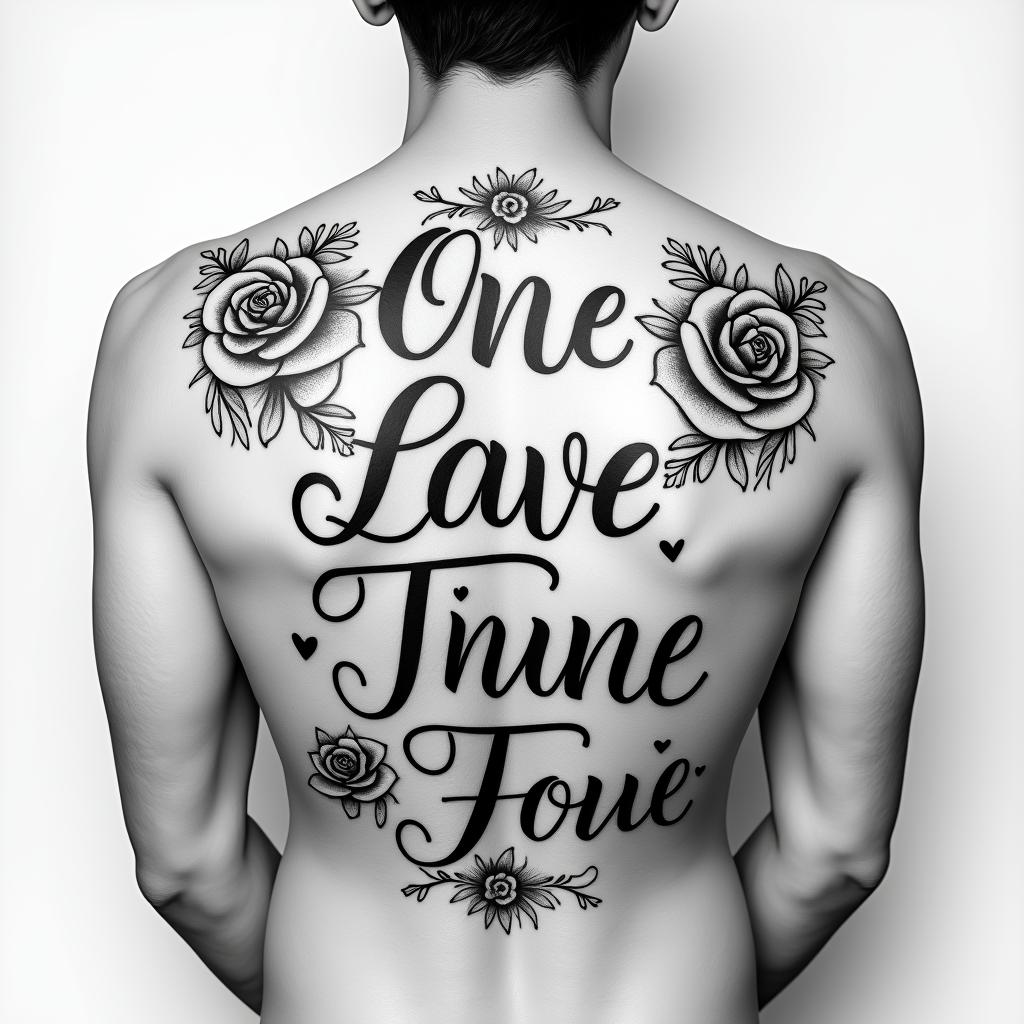 Tribal half bodyin elegant cursive calligraphy style 2d tattoo, decorate with roses, featuring a smooth and flowing handwritten script with slightly thickened strokes for a luxurious and bold appearance,  heart symbol between names,  sleek and glossy black text with shadowing, minimalist matte white background, clean and sharp edges, illuminated with soft lighting, romantic, 8k, high-quality textures with refined typography - Variation 3
