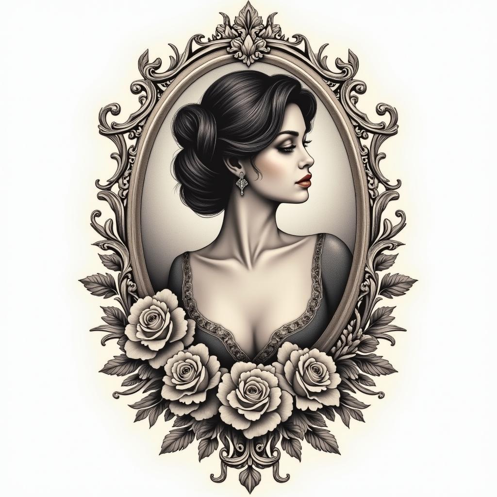 09/25/1990 Librain victorian style tattoo, featuring vintage and elegant elements, ornate frames, roses, antique, sepia-toned color scheme - Variation 4
