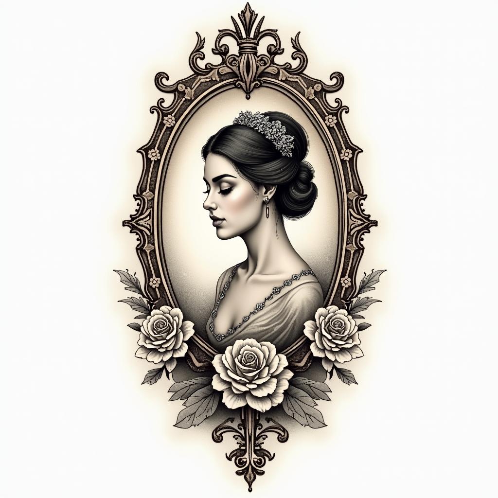 09/25/1990 Librain victorian style tattoo, featuring vintage and elegant elements, ornate frames, roses, antique, sepia-toned color scheme - Variation 2