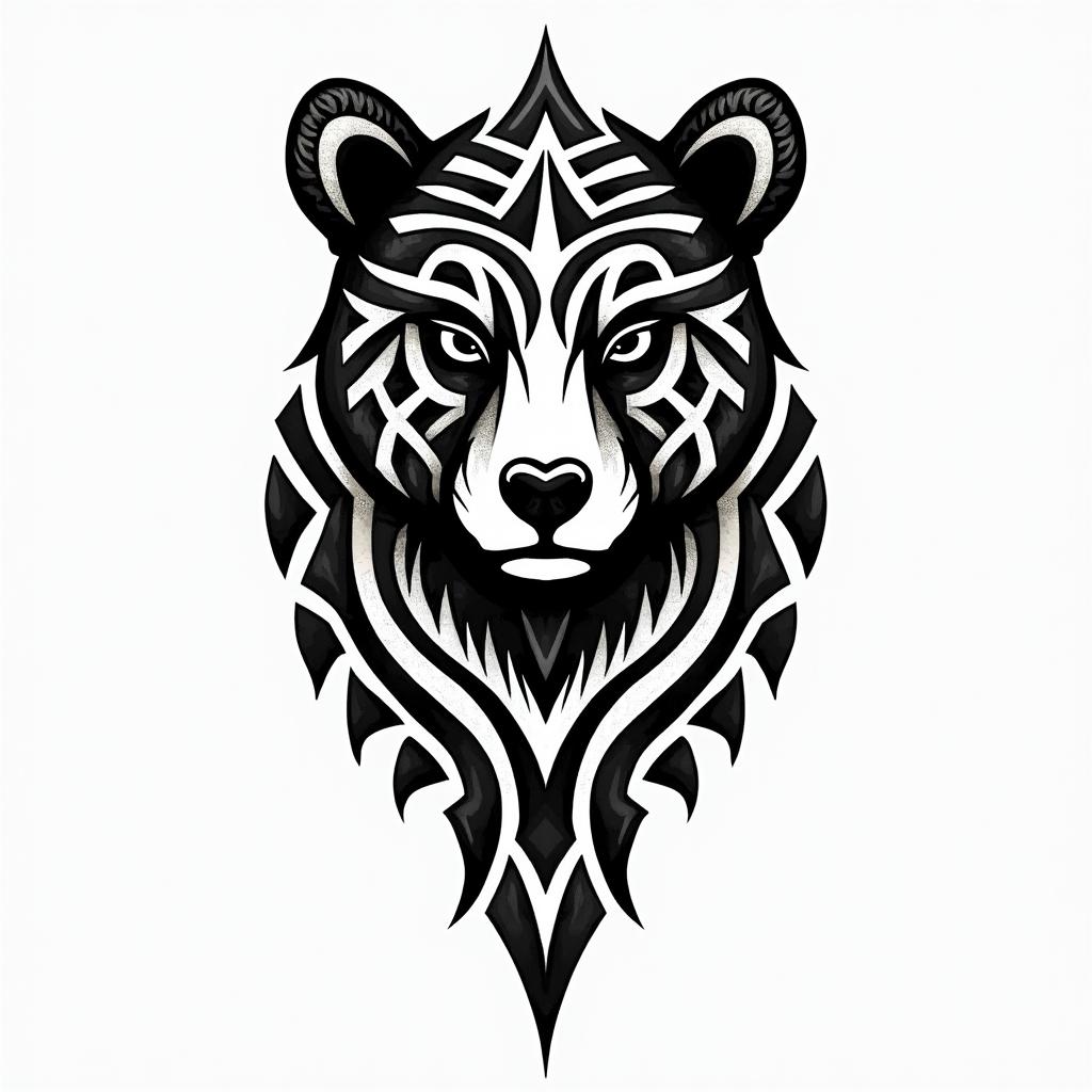 bearin tribal tattoo style, featuring bold and black geometric shapes, curved lines, intertwine and flow seamlessly, creating a powerful and symbolic design, polynesian and maori styles