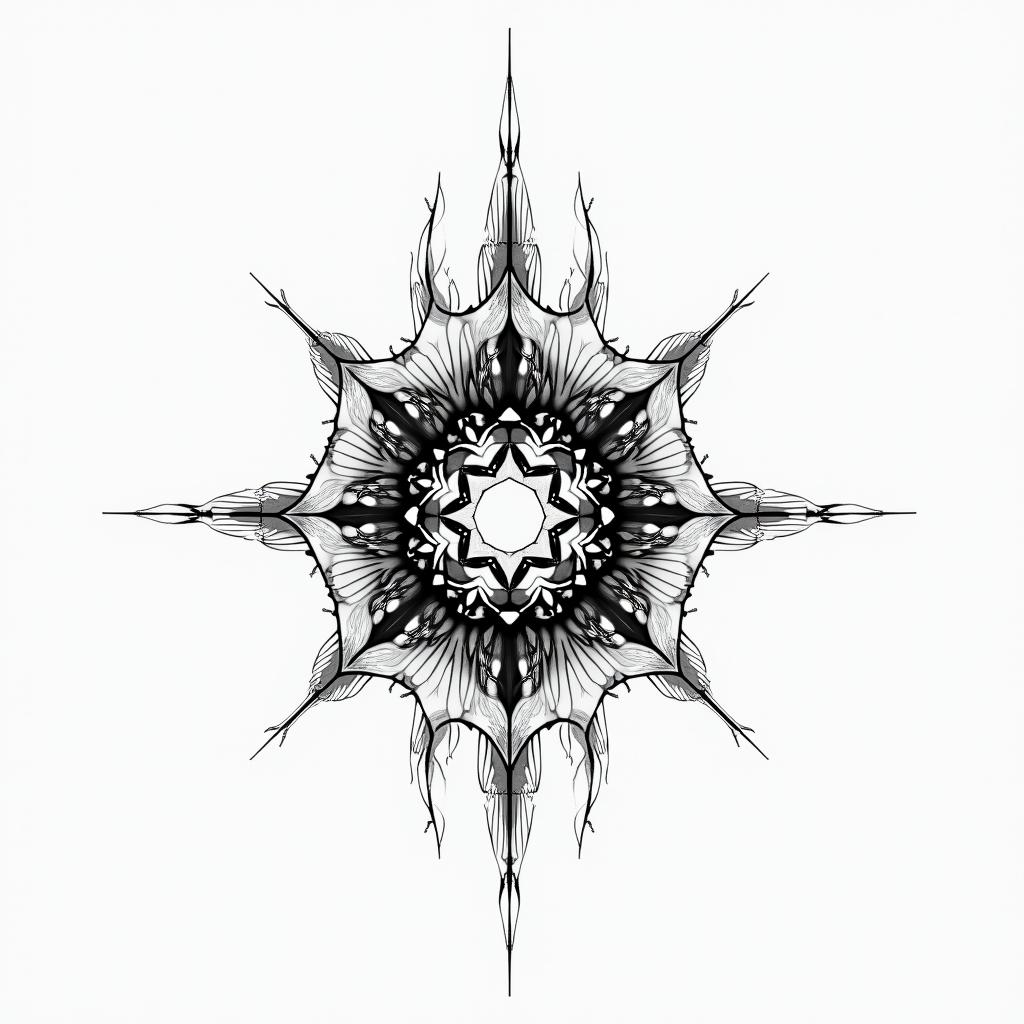 Phoenix minimalist tattoo in geometric style tattoo, blending hexagons, mandala-inspired patterns, symmetrical and fractal design, clean lines, sharp angles