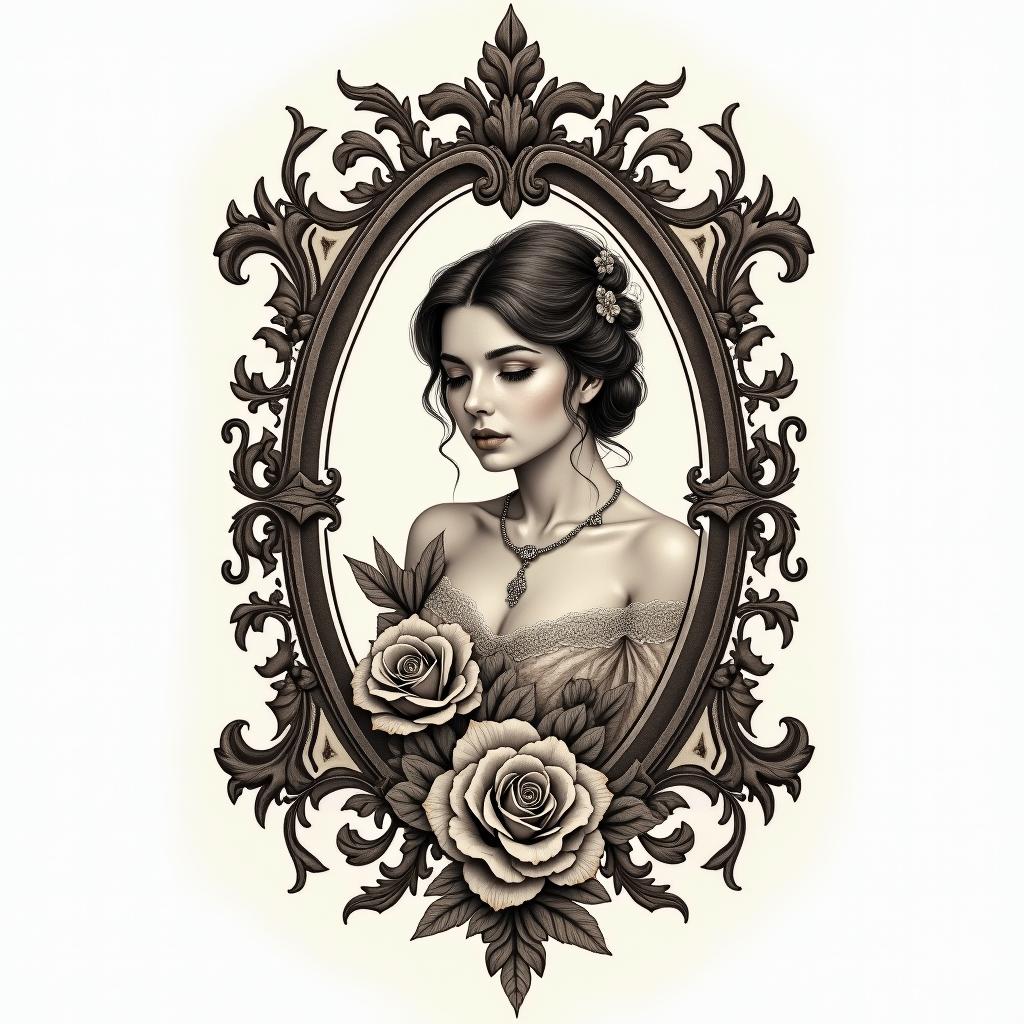 09/25/1990 Librain victorian style tattoo, featuring vintage and elegant elements, ornate frames, roses, antique, sepia-toned color scheme