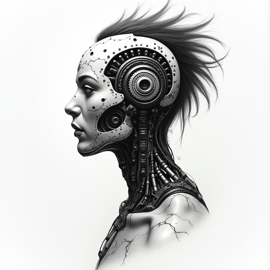 native americantattoo in biomechanic style, the tattoo covered by robotic elements of futuristic cyberpunk design, robotic features detail, showcasing intricate mechanical components - Variation 2