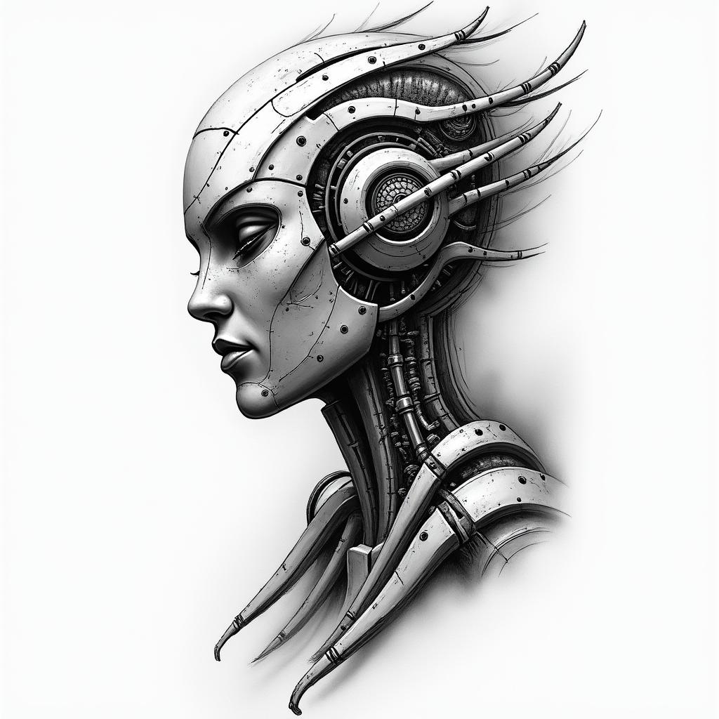native americantattoo in biomechanic style, the tattoo covered by robotic elements of futuristic cyberpunk design, robotic features detail, showcasing intricate mechanical components - Variation 3
