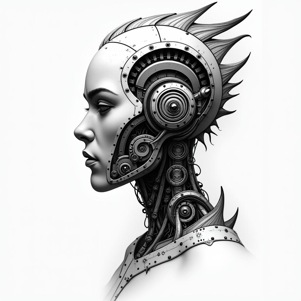 native americantattoo in biomechanic style, the tattoo covered by robotic elements of futuristic cyberpunk design, robotic features detail, showcasing intricate mechanical components