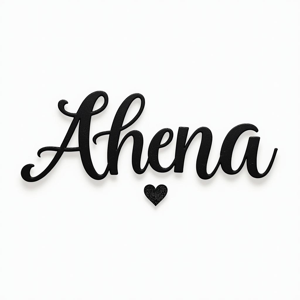 Athena, the goddess of war, firein elegant cursive calligraphy style 2d tattoo, decorate with roses, featuring a smooth and flowing handwritten script with slightly thickened strokes for a luxurious and bold appearance,  heart symbol between names,  sleek and glossy black text with shadowing, minimalist matte white background, clean and sharp edges, illuminated with soft lighting, romantic, 8k, high-quality textures with refined typography