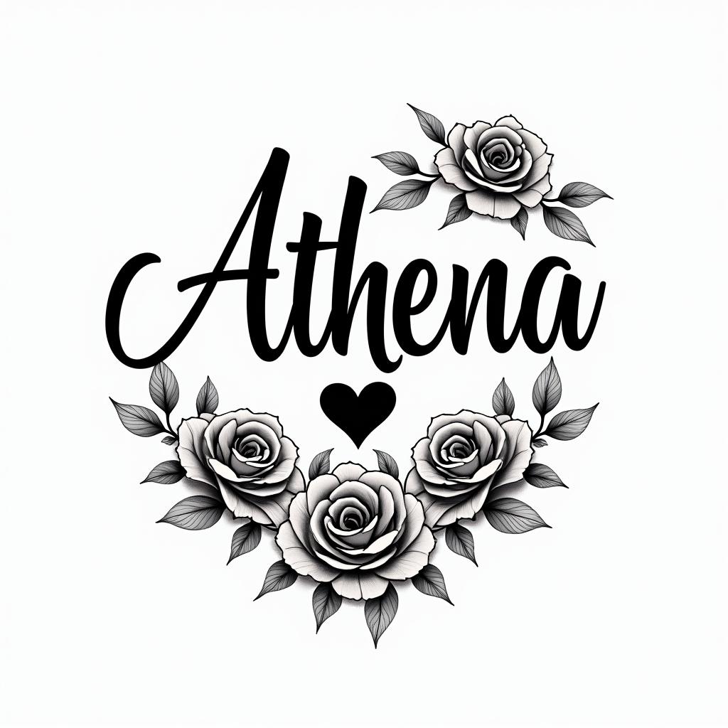 Athena, the goddess of war, firein elegant cursive calligraphy style 2d tattoo, decorate with roses, featuring a smooth and flowing handwritten script with slightly thickened strokes for a luxurious and bold appearance,  heart symbol between names,  sleek and glossy black text with shadowing, minimalist matte white background, clean and sharp edges, illuminated with soft lighting, romantic, 8k, high-quality textures with refined typography - Variation 4