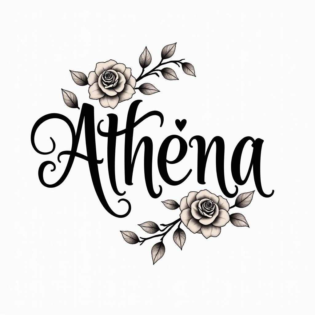 Athena, the goddess of war, firein elegant cursive calligraphy style 2d tattoo, decorate with roses, featuring a smooth and flowing handwritten script with slightly thickened strokes for a luxurious and bold appearance,  heart symbol between names,  sleek and glossy black text with shadowing, minimalist matte white background, clean and sharp edges, illuminated with soft lighting, romantic, 8k, high-quality textures with refined typography - Variation 3