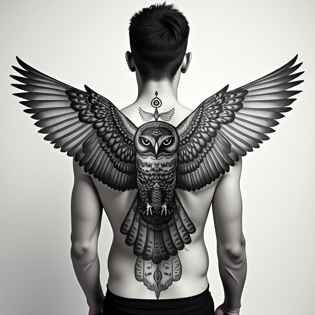 Owl, wings spread, symmetrical, bold, masculinein spiritual symbols tattoo style, featuring an intricate design incorporating elements, Hamsa hand, third eye, minimalist composition - Variation 4