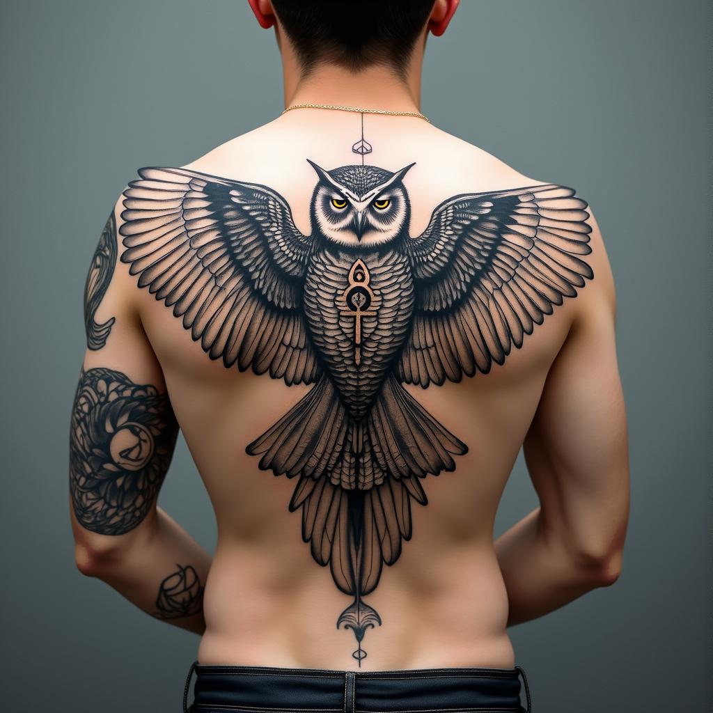 Owl, wings spread, symmetrical, bold, masculinein spiritual symbols tattoo style, featuring an intricate design incorporating elements, Hamsa hand, third eye, minimalist composition - Variation 2