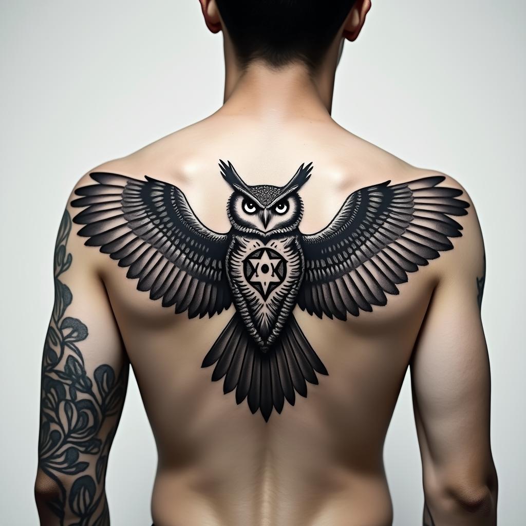Owl, wings spread, symmetrical, bold, masculinein spiritual symbols tattoo style, featuring an intricate design incorporating elements, Hamsa hand, third eye, minimalist composition - Variation 3