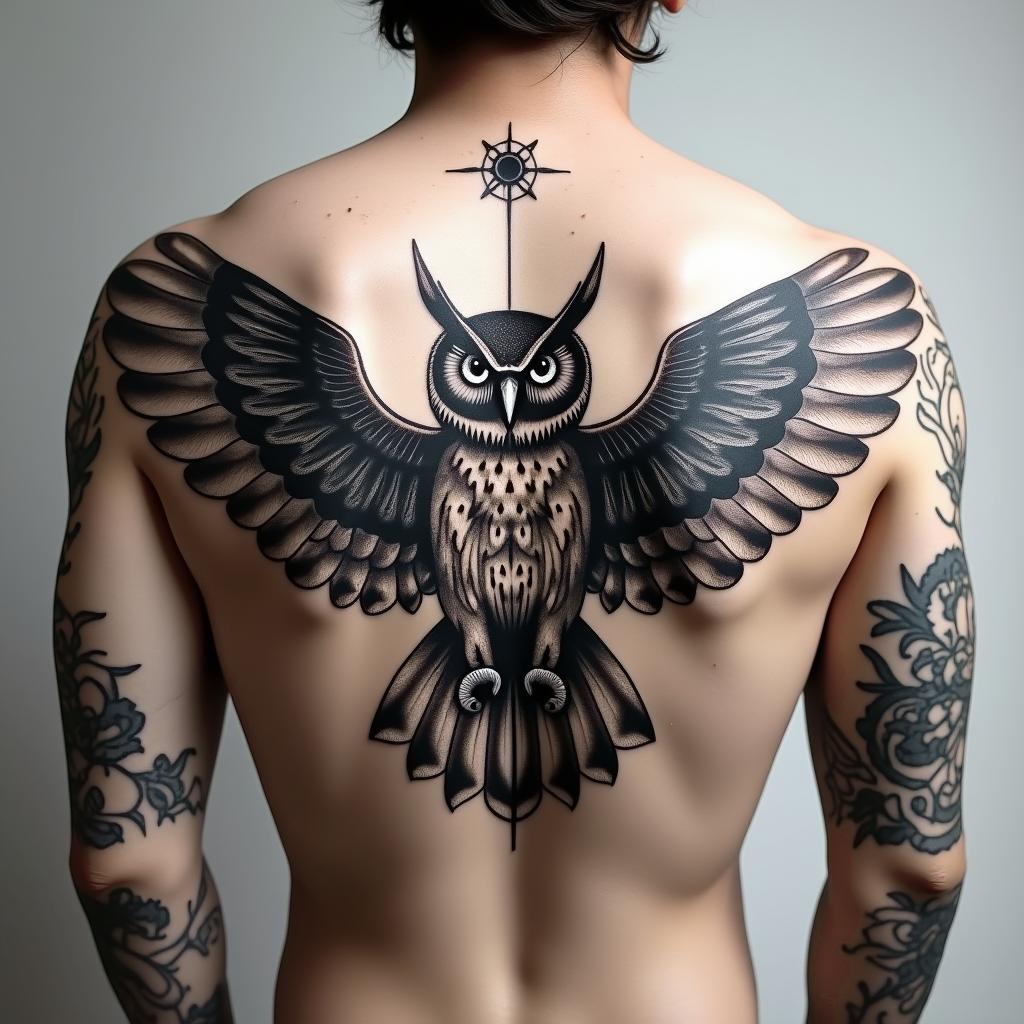 Owl, wings spread, symmetrical, bold, masculinein spiritual symbols tattoo style, featuring an intricate design incorporating elements, Hamsa hand, third eye, minimalist composition