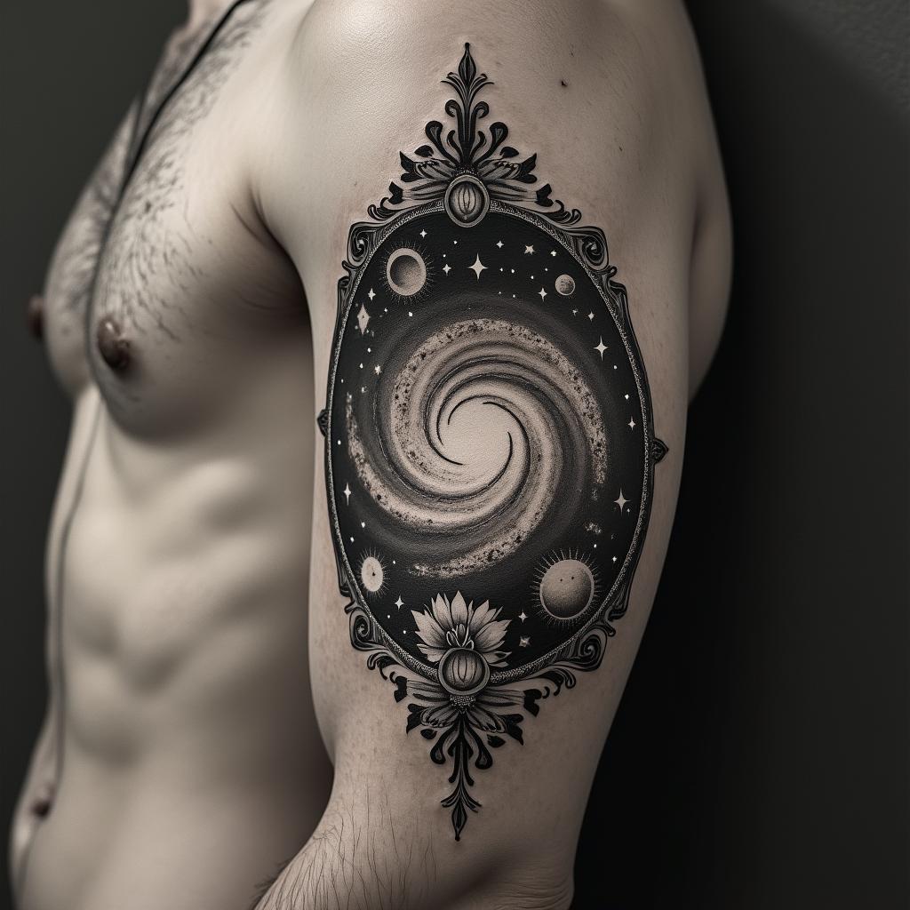 Spiral galaxy with stars and planetsin victorian style tattoo, featuring vintage and elegant elements, ornate frames, roses, antique, sepia-toned color scheme - Variation 10