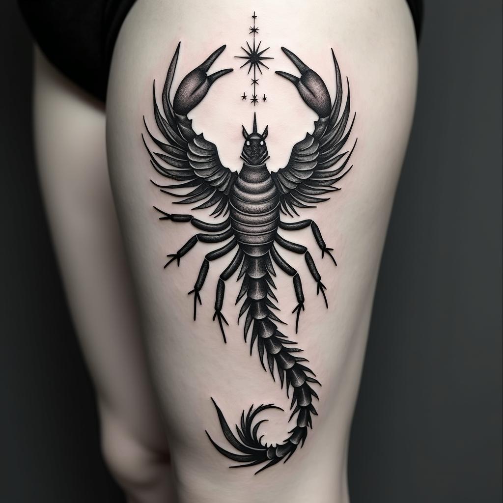 A detailed scorpion transforming into a fiery phoenix mid-flight. You can add small stars or a crescent moon above.
in spiritual symbols tattoo style, featuring an intricate design incorporating elements, Hamsa hand, third eye, minimalist composition - Variation 4