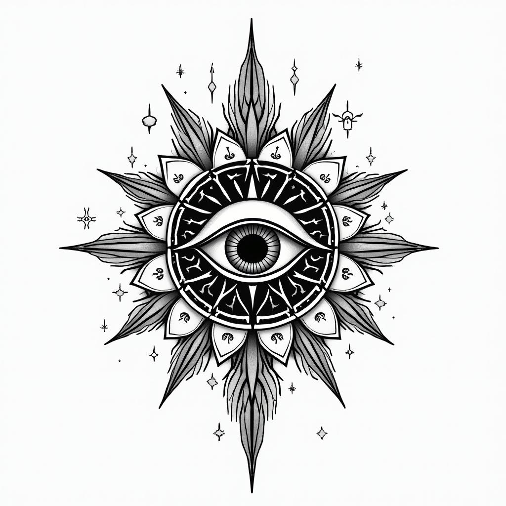 Resilience courage Japan strengthin prophecy tattoo style, featuring mystical symbols, celestial imagery like stars, moons, suns, geometric patterns, foretelling elements, an eye of wisdom - Variation 2