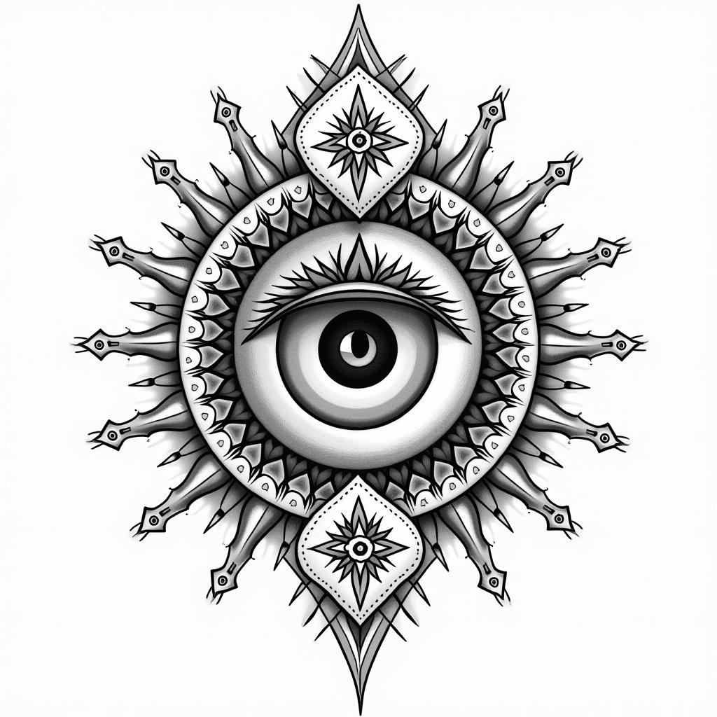 Resilience courage Japan strengthin prophecy tattoo style, featuring mystical symbols, celestial imagery like stars, moons, suns, geometric patterns, foretelling elements, an eye of wisdom - Variation 4