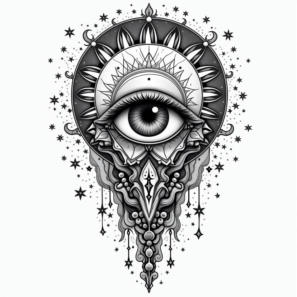 Resilience courage Japan strengthin prophecy tattoo style, featuring mystical symbols, celestial imagery like stars, moons, suns, geometric patterns, foretelling elements, an eye of wisdom - Variation 3