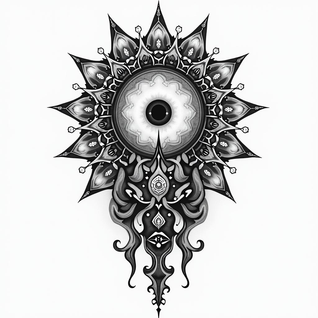 Resilience courage Japan strengthin prophecy tattoo style, featuring mystical symbols, celestial imagery like stars, moons, suns, geometric patterns, foretelling elements, an eye of wisdom