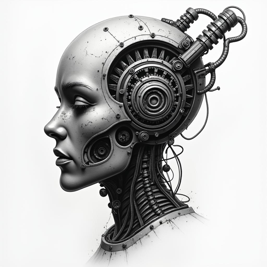 Biomechanics dark with gears and shock absorberstattoo in biomechanic style, the tattoo covered by robotic elements of futuristic cyberpunk design, robotic features detail, showcasing intricate mechanical components - Variation 4