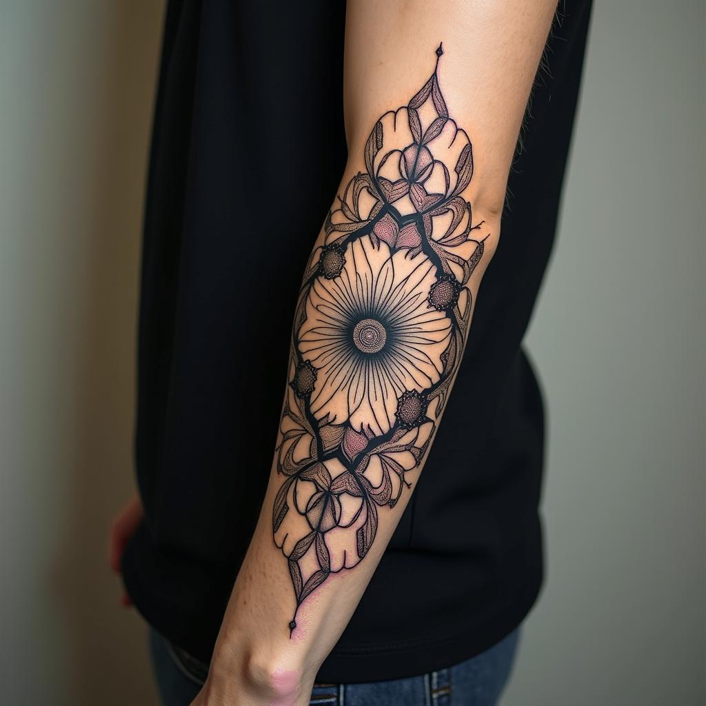 Timonin ornamental tattoo style, featuring intricate symmetrical patterns and floral designs, showcasing highly detailed line work and geometric shapes, creating a sense of elegance and balance - Variation 3