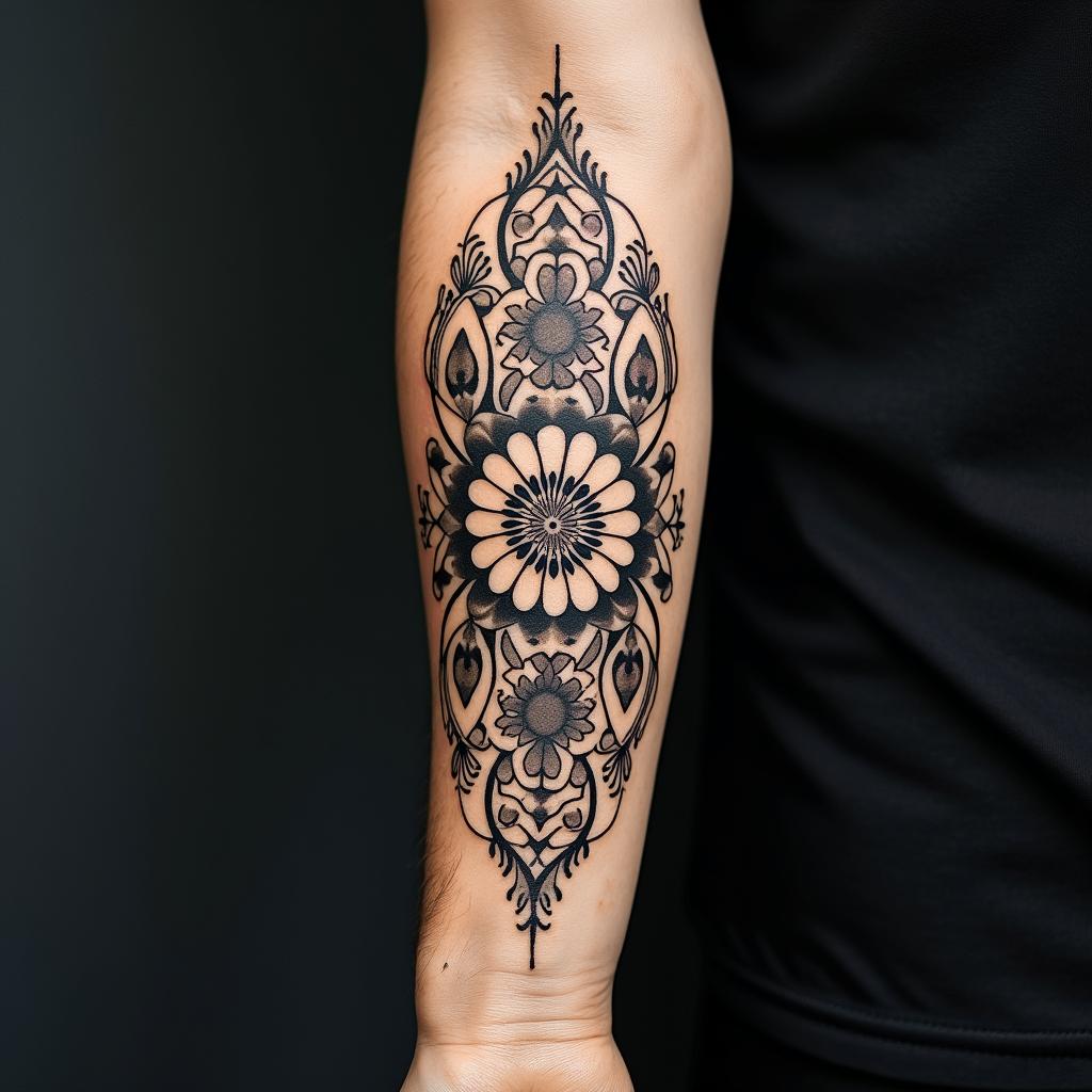 Timonin ornamental tattoo style, featuring intricate symmetrical patterns and floral designs, showcasing highly detailed line work and geometric shapes, creating a sense of elegance and balance