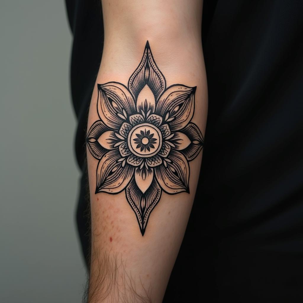 Timonin ornamental tattoo style, featuring intricate symmetrical patterns and floral designs, showcasing highly detailed line work and geometric shapes, creating a sense of elegance and balance - Variation 2
