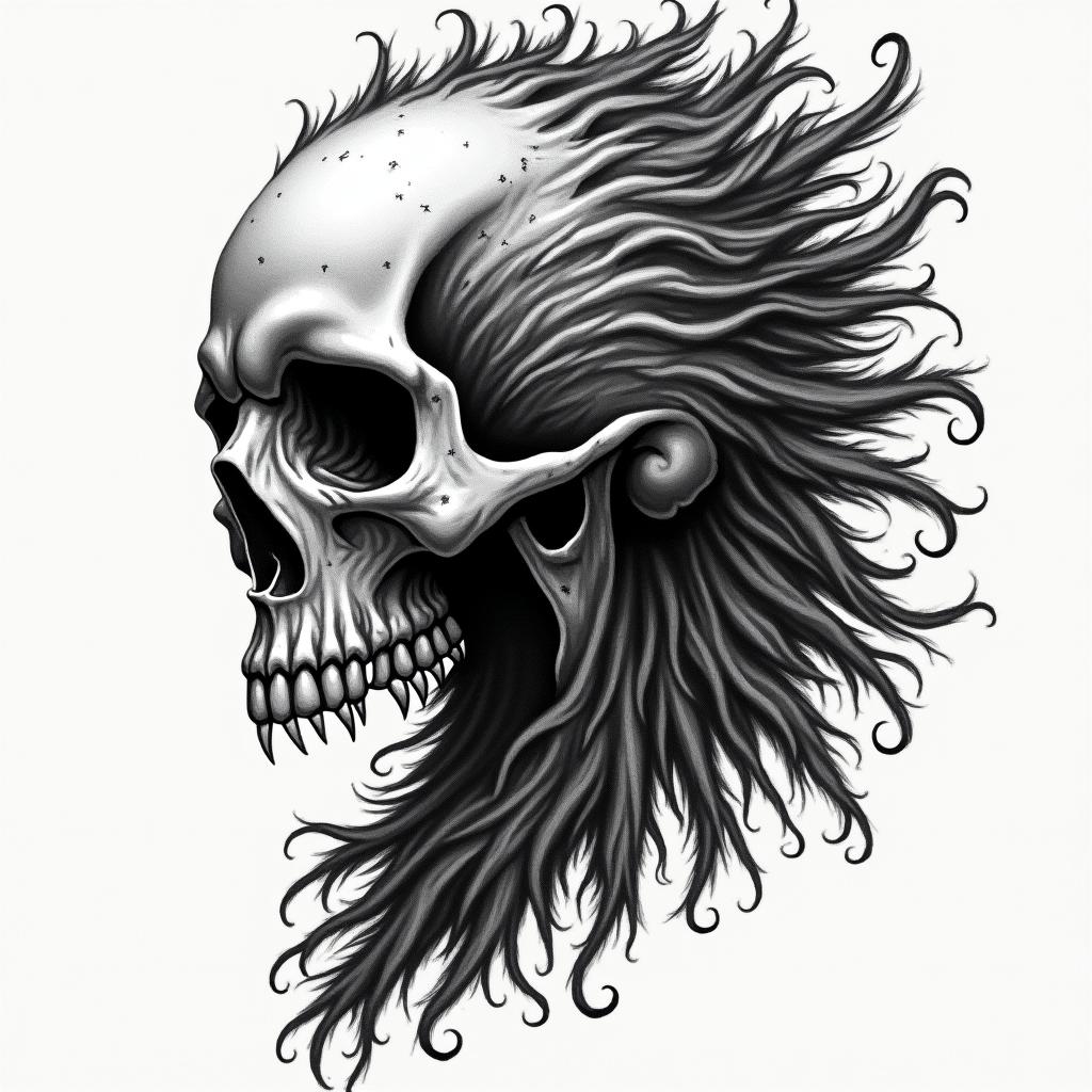 Alaskan Native in horror tattoo style, showcasing haunting and unsettling, dark and gritty textures with skulls, eerie faces, jgged designs, bold and intense shading