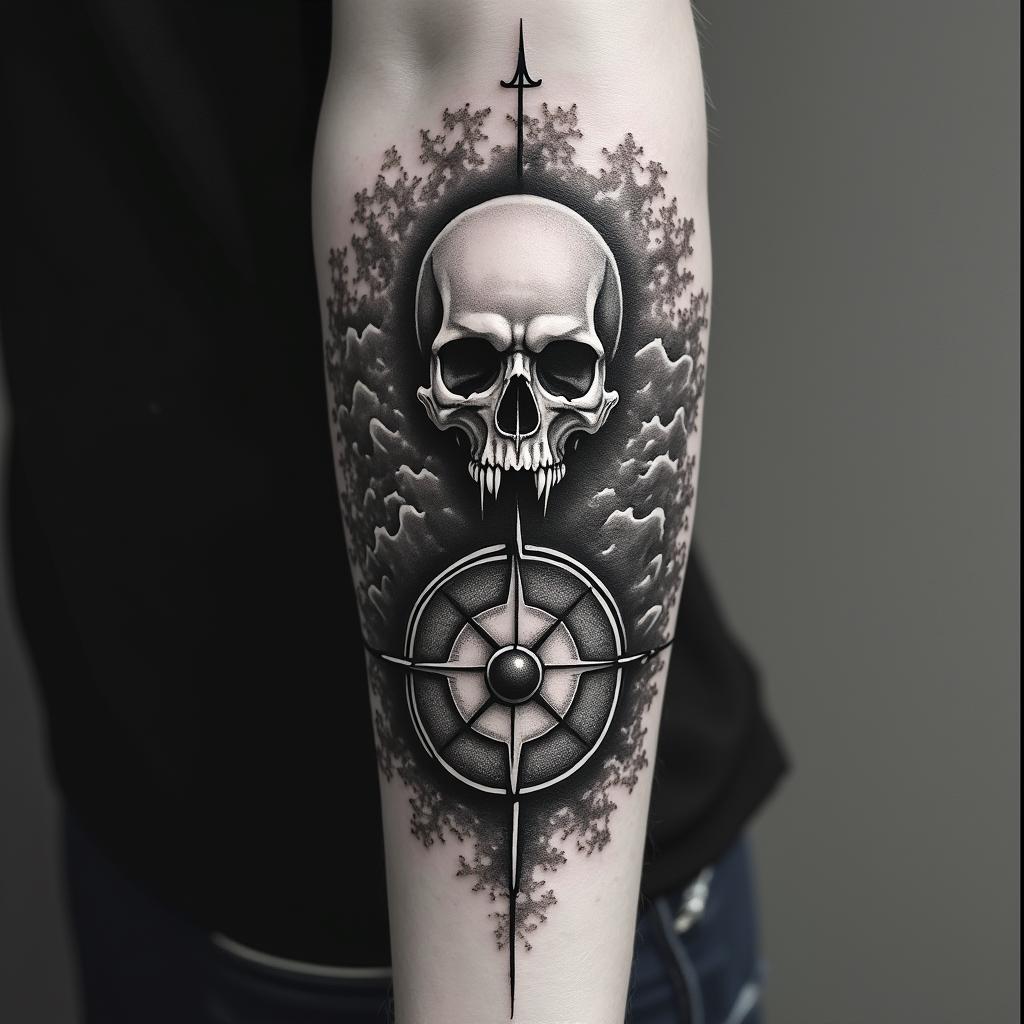 Compass surrounded by ocean wavescreepy horror tattoo style, featuring an eerie and unsettling skull of a demonic creature, distorted face with sharp fangs, add pentagram symbol - Variation 4