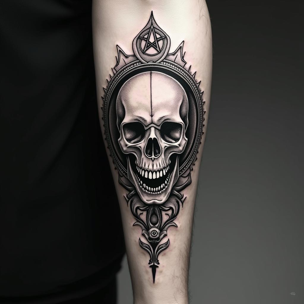 Compass surrounded by ocean wavescreepy horror tattoo style, featuring an eerie and unsettling skull of a demonic creature, distorted face with sharp fangs, add pentagram symbol - Variation 2