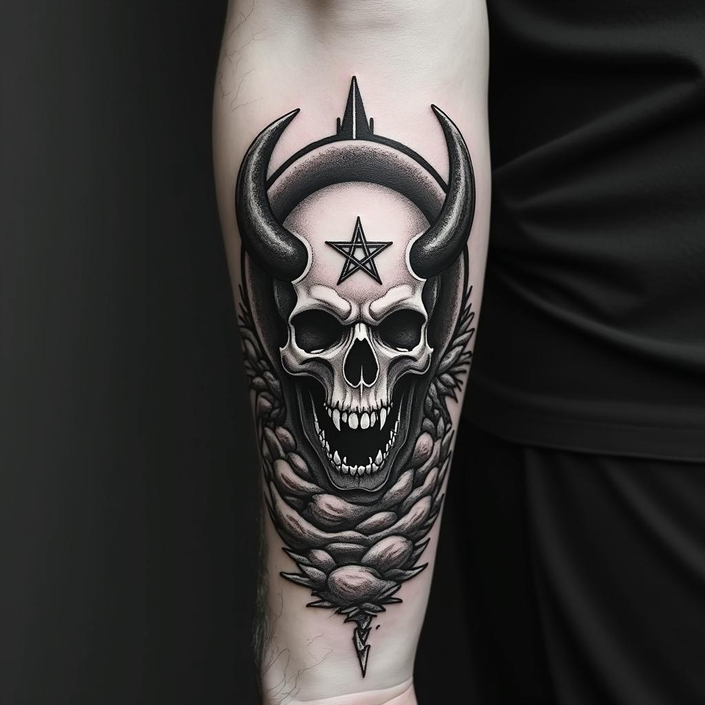 Compass surrounded by ocean wavescreepy horror tattoo style, featuring an eerie and unsettling skull of a demonic creature, distorted face with sharp fangs, add pentagram symbol