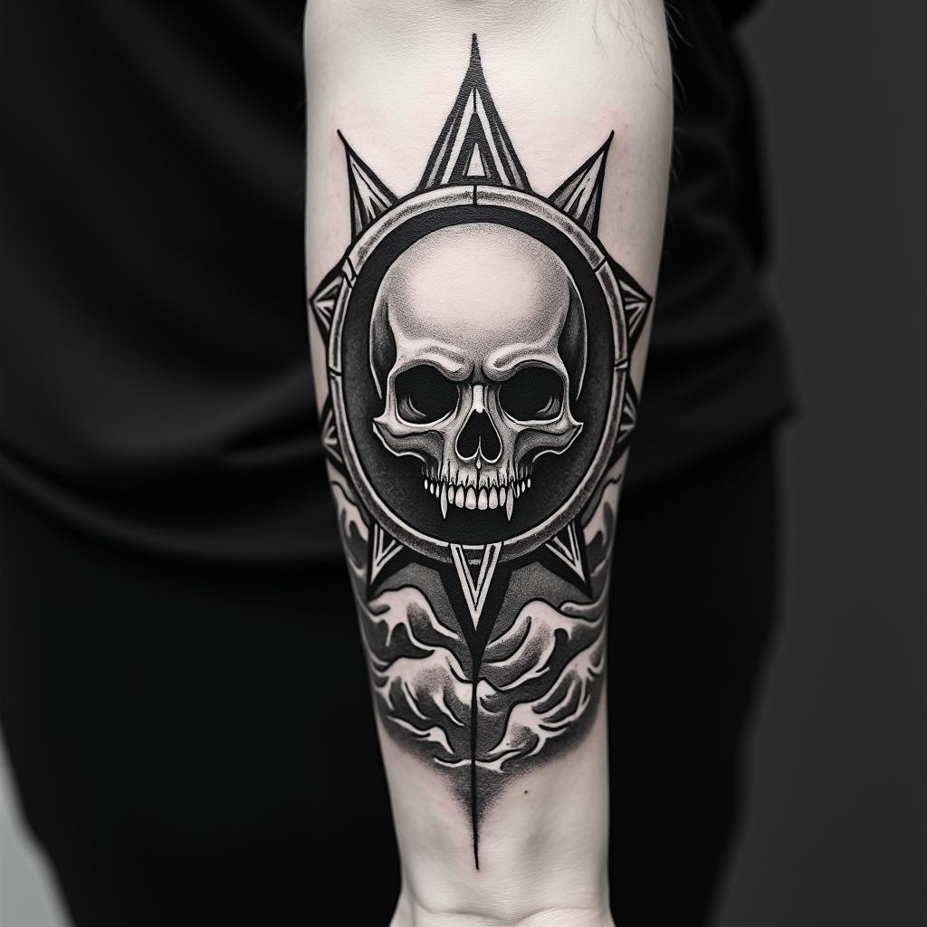 Compass surrounded by ocean wavescreepy horror tattoo style, featuring an eerie and unsettling skull of a demonic creature, distorted face with sharp fangs, add pentagram symbol - Variation 3
