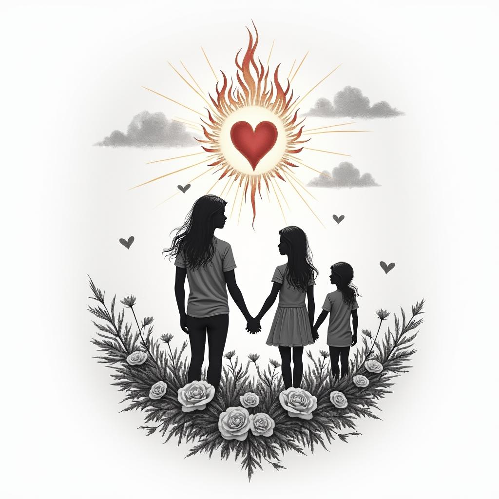 Couple with 3 children under the sun with a heart in flames.in elegant cursive calligraphy style 2d tattoo, decorate with roses, featuring a smooth and flowing handwritten script with slightly thickened strokes for a luxurious and bold appearance,  heart symbol between names,  sleek and glossy black text with shadowing, minimalist matte white background, clean and sharp edges, illuminated with soft lighting, romantic, 8k, high-quality textures with refined typography - Variation 4