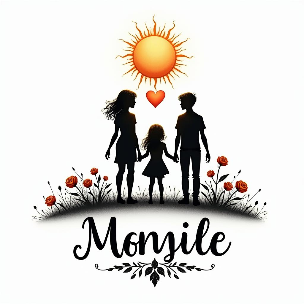 Couple with 3 children under the sun with a heart in flames.in elegant cursive calligraphy style 2d tattoo, decorate with roses, featuring a smooth and flowing handwritten script with slightly thickened strokes for a luxurious and bold appearance,  heart symbol between names,  sleek and glossy black text with shadowing, minimalist matte white background, clean and sharp edges, illuminated with soft lighting, romantic, 8k, high-quality textures with refined typography