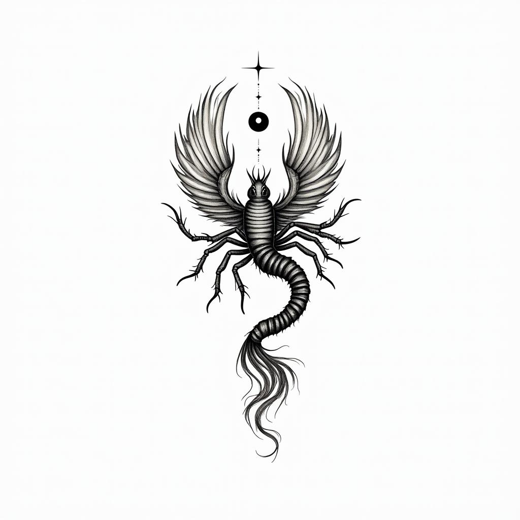 a: A feminine scorpion transforming into a fiery phoenix mid-flight. You can add small stars or a crescent moon above.in Modest style tattoo, featuring soft, delicate line work with simple and meaningful symbols, gentle waves, a heart, evoking a sense of serenity and grace, - Variation 2