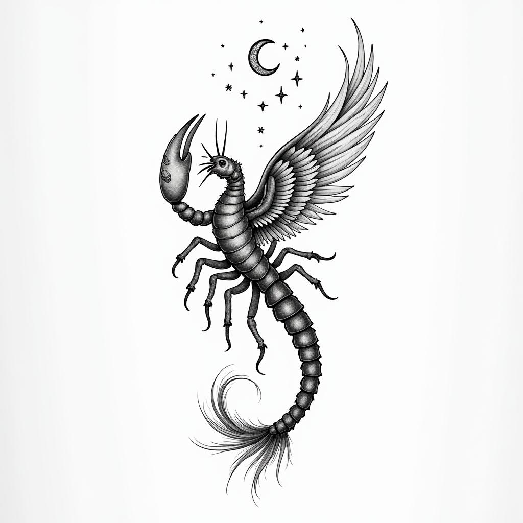 a: A feminine scorpion transforming into a fiery phoenix mid-flight. You can add small stars or a crescent moon above.in Modest style tattoo, featuring soft, delicate line work with simple and meaningful symbols, gentle waves, a heart, evoking a sense of serenity and grace, - Variation 3