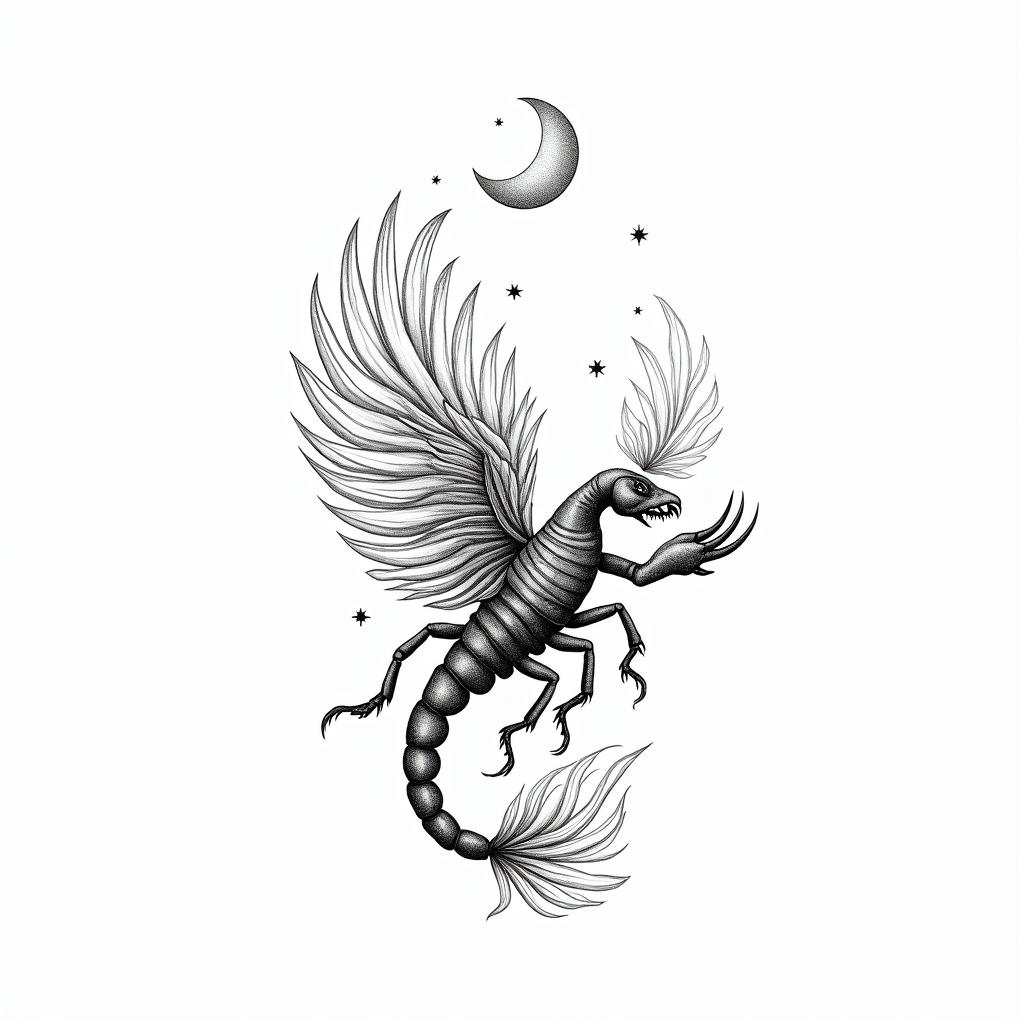 a: A feminine scorpion transforming into a fiery phoenix mid-flight. You can add small stars or a crescent moon above.in Modest style tattoo, featuring soft, delicate line work with simple and meaningful symbols, gentle waves, a heart, evoking a sense of serenity and grace,
