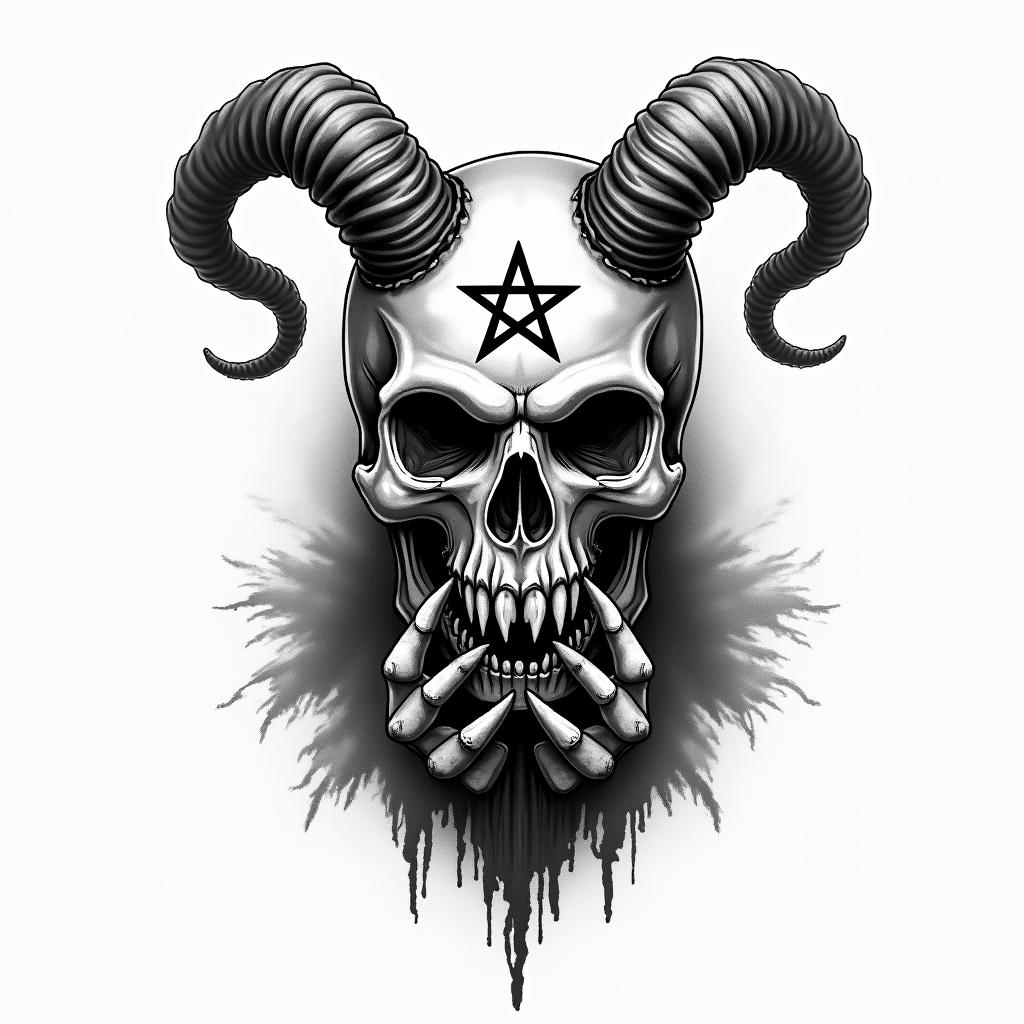 Praying demon hands chain crosscreepy horror tattoo style, featuring an eerie and unsettling skull of a demonic creature, distorted face with sharp fangs, add pentagram symbol - Variation 4