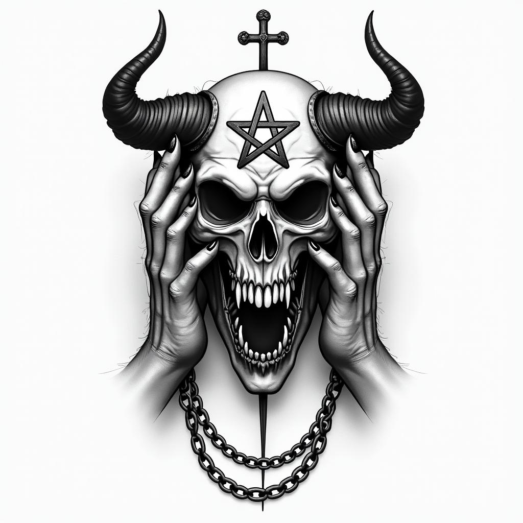 Praying demon hands chain crosscreepy horror tattoo style, featuring an eerie and unsettling skull of a demonic creature, distorted face with sharp fangs, add pentagram symbol
