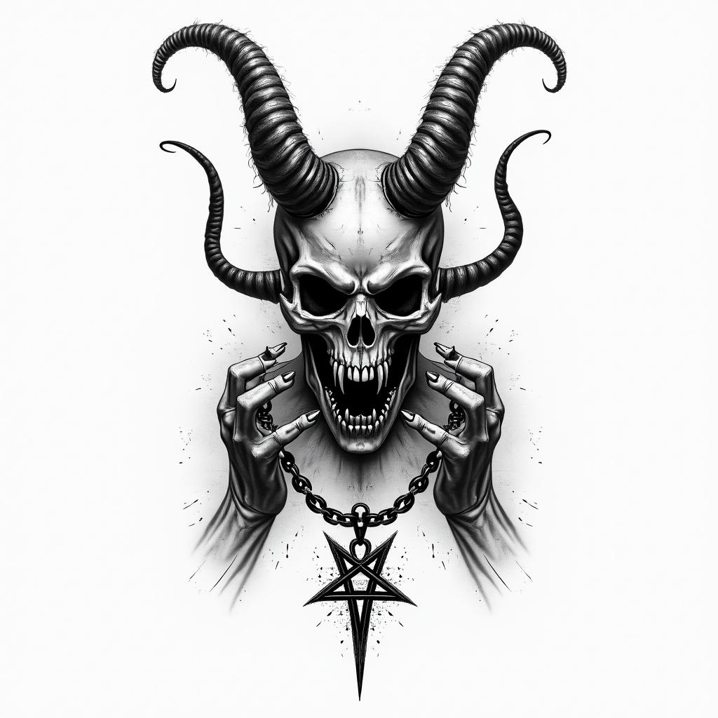 Praying demon hands chain crosscreepy horror tattoo style, featuring an eerie and unsettling skull of a demonic creature, distorted face with sharp fangs, add pentagram symbol - Variation 2