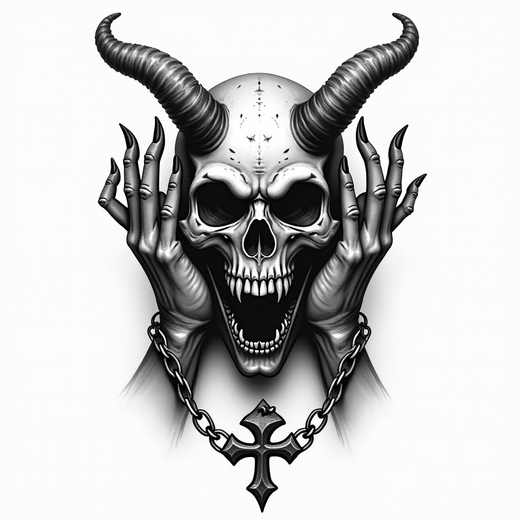 Praying demon hands chain crosscreepy horror tattoo style, featuring an eerie and unsettling skull of a demonic creature, distorted face with sharp fangs, add pentagram symbol - Variation 3