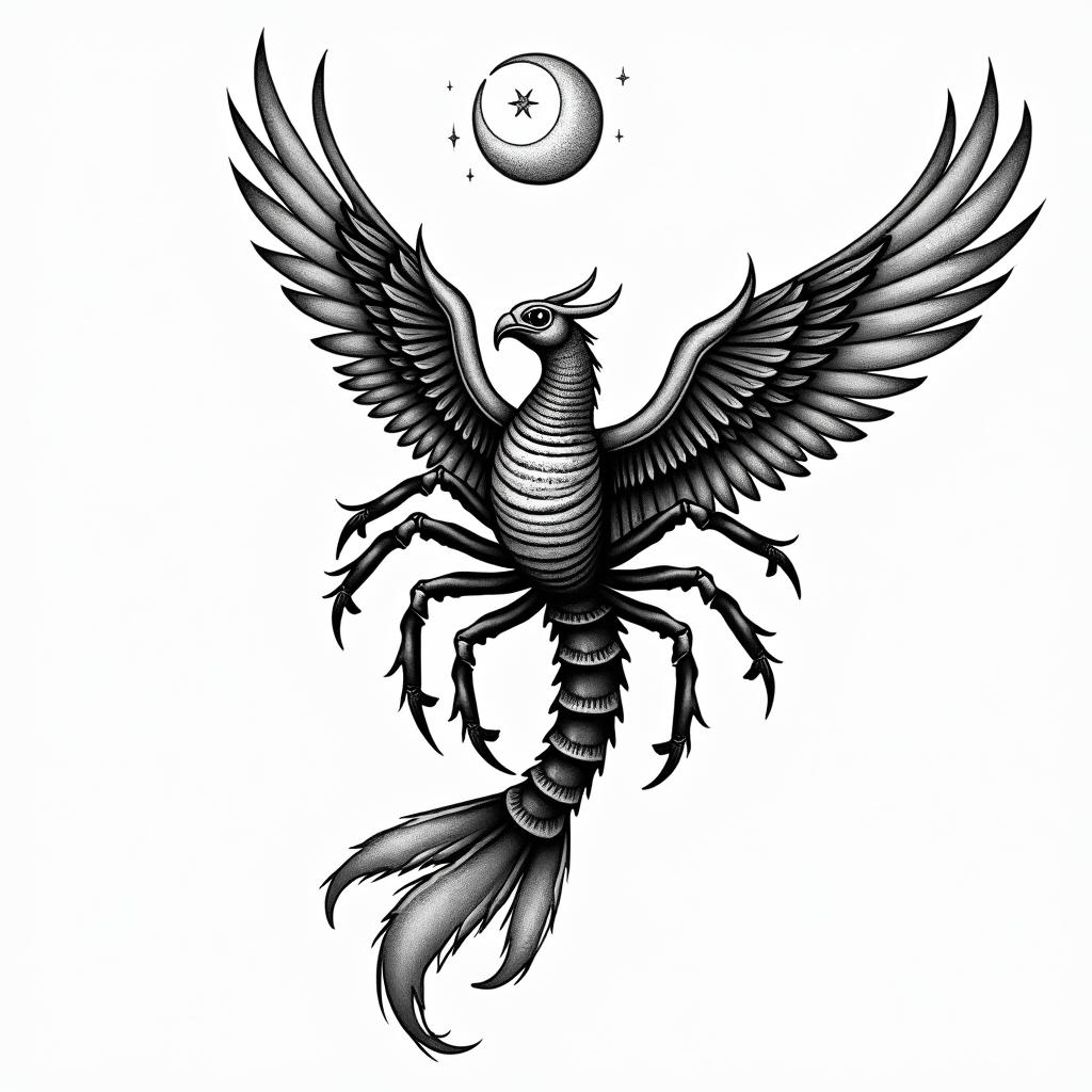 a: A feminine scorpion transforming into a fiery phoenix mid-flight. You can add small stars or a crescent moon above.in egyptian style tattoo, bold elements of ancient egyptian culture including a portrait of an Egyptian pharaoh with detailed facial features, in hieroglyphs and symbolic imagery, eye of horus, ankh symbol, scarab beetle - Variation 4