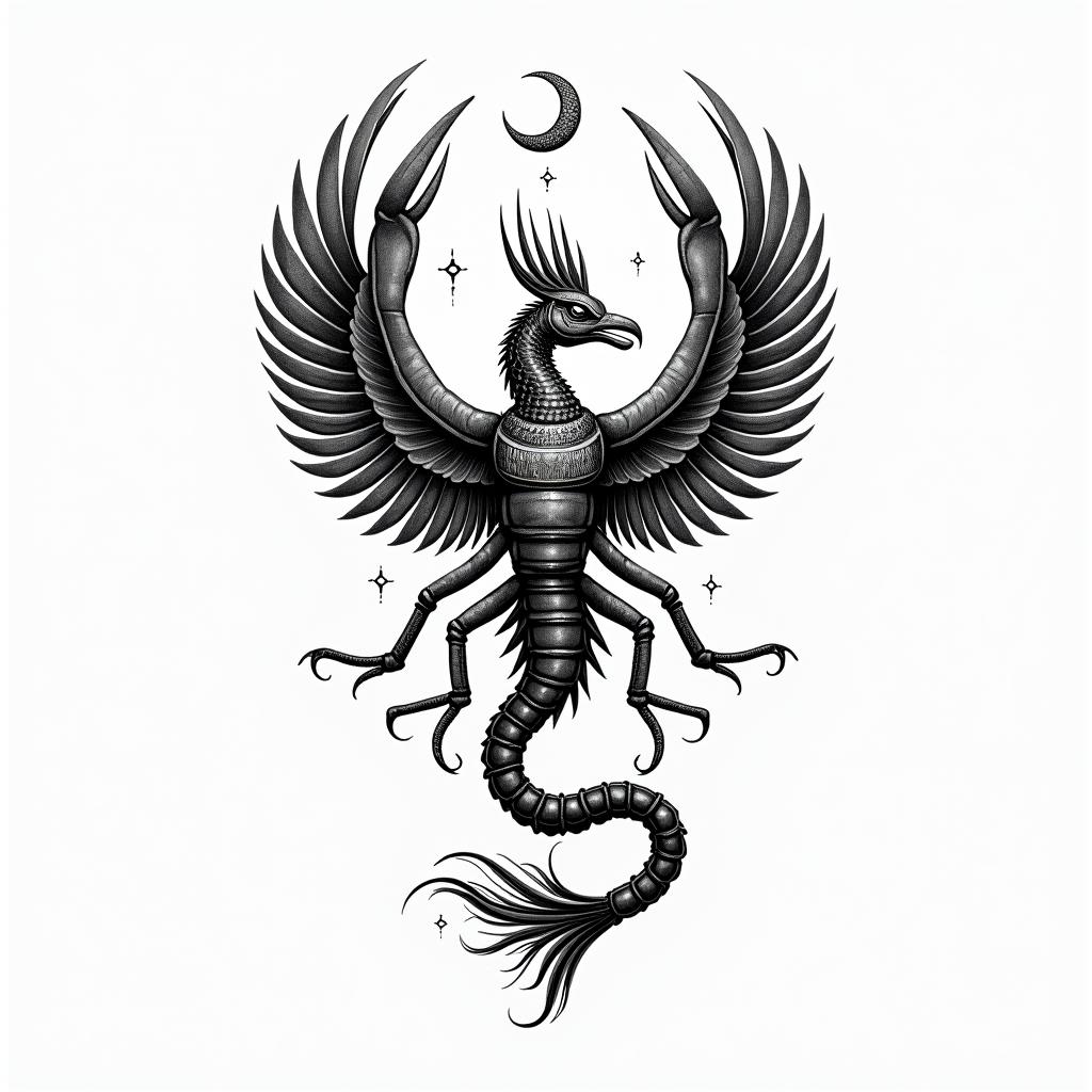 a: A feminine scorpion transforming into a fiery phoenix mid-flight. You can add small stars or a crescent moon above.in egyptian style tattoo, bold elements of ancient egyptian culture including a portrait of an Egyptian pharaoh with detailed facial features, in hieroglyphs and symbolic imagery, eye of horus, ankh symbol, scarab beetle - Variation 3