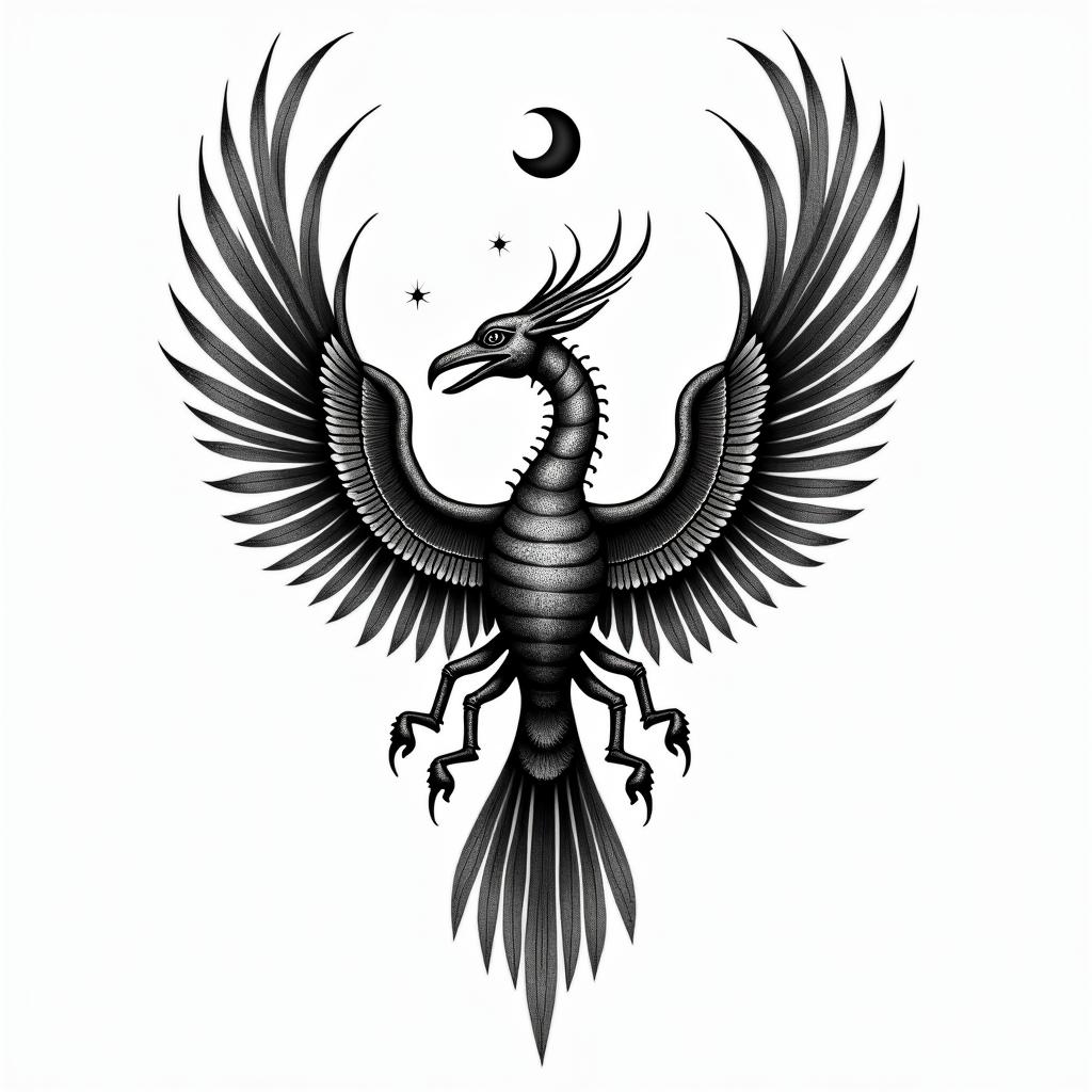 a: A feminine scorpion transforming into a fiery phoenix mid-flight. You can add small stars or a crescent moon above.in egyptian style tattoo, bold elements of ancient egyptian culture including a portrait of an Egyptian pharaoh with detailed facial features, in hieroglyphs and symbolic imagery, eye of horus, ankh symbol, scarab beetle