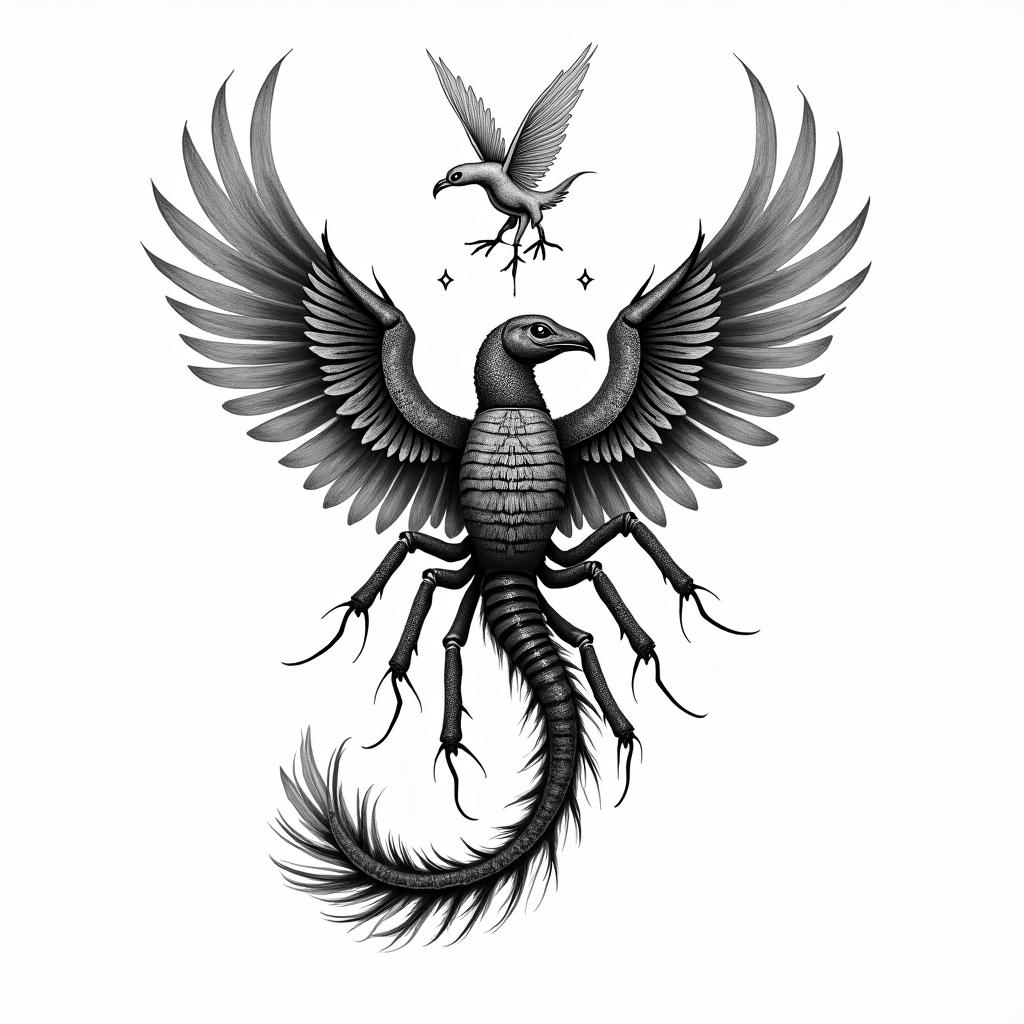 a: A feminine scorpion transforming into a fiery phoenix mid-flight. You can add small stars or a crescent moon above.in egyptian style tattoo, bold elements of ancient egyptian culture including a portrait of an Egyptian pharaoh with detailed facial features, in hieroglyphs and symbolic imagery, eye of horus, ankh symbol, scarab beetle - Variation 2