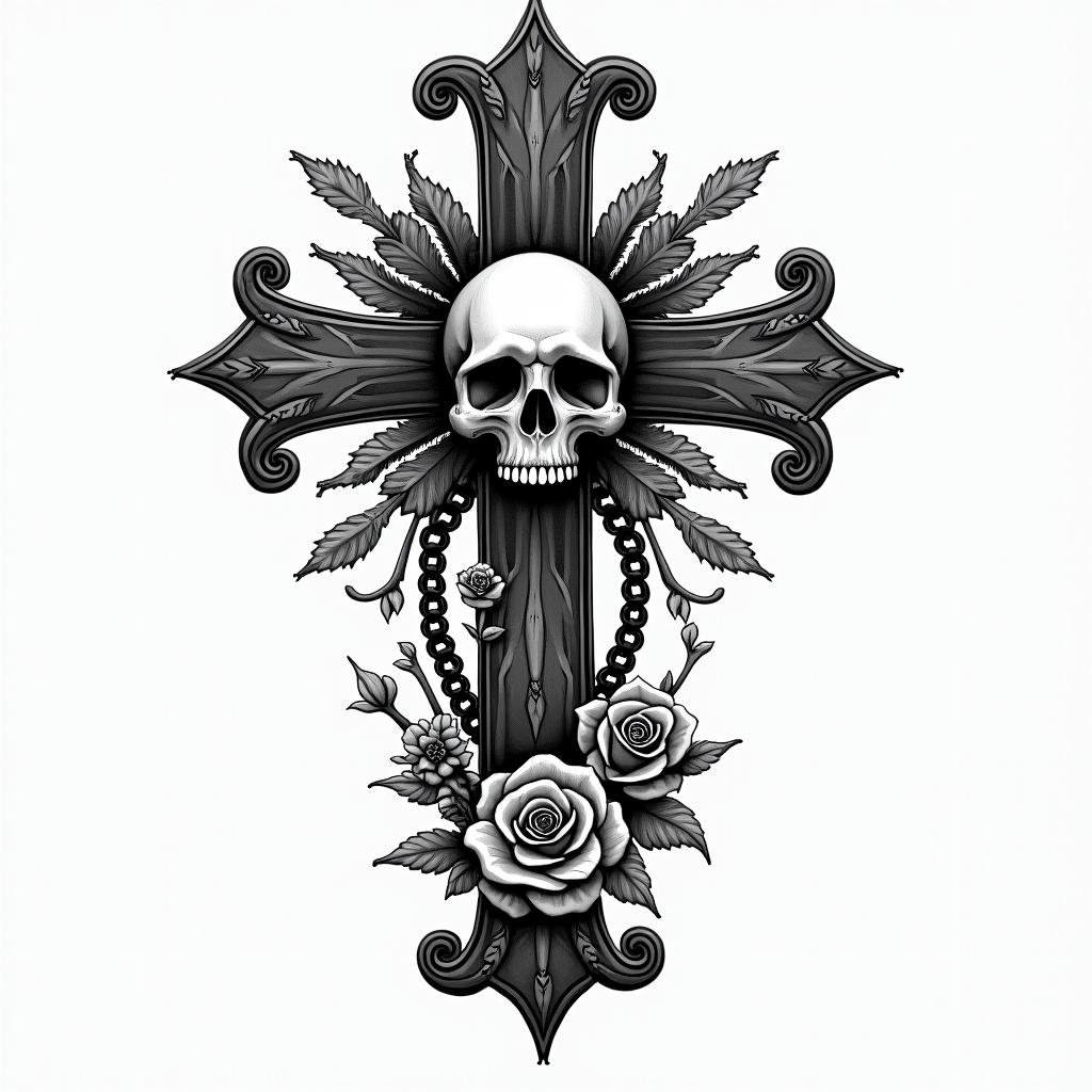 Alaskan Nativein chicano style tattoo, featuring intricate black and grey shading, bold elements of traditional chicano culture symbols, add a big cross with skull, chains and roses - Variation 2